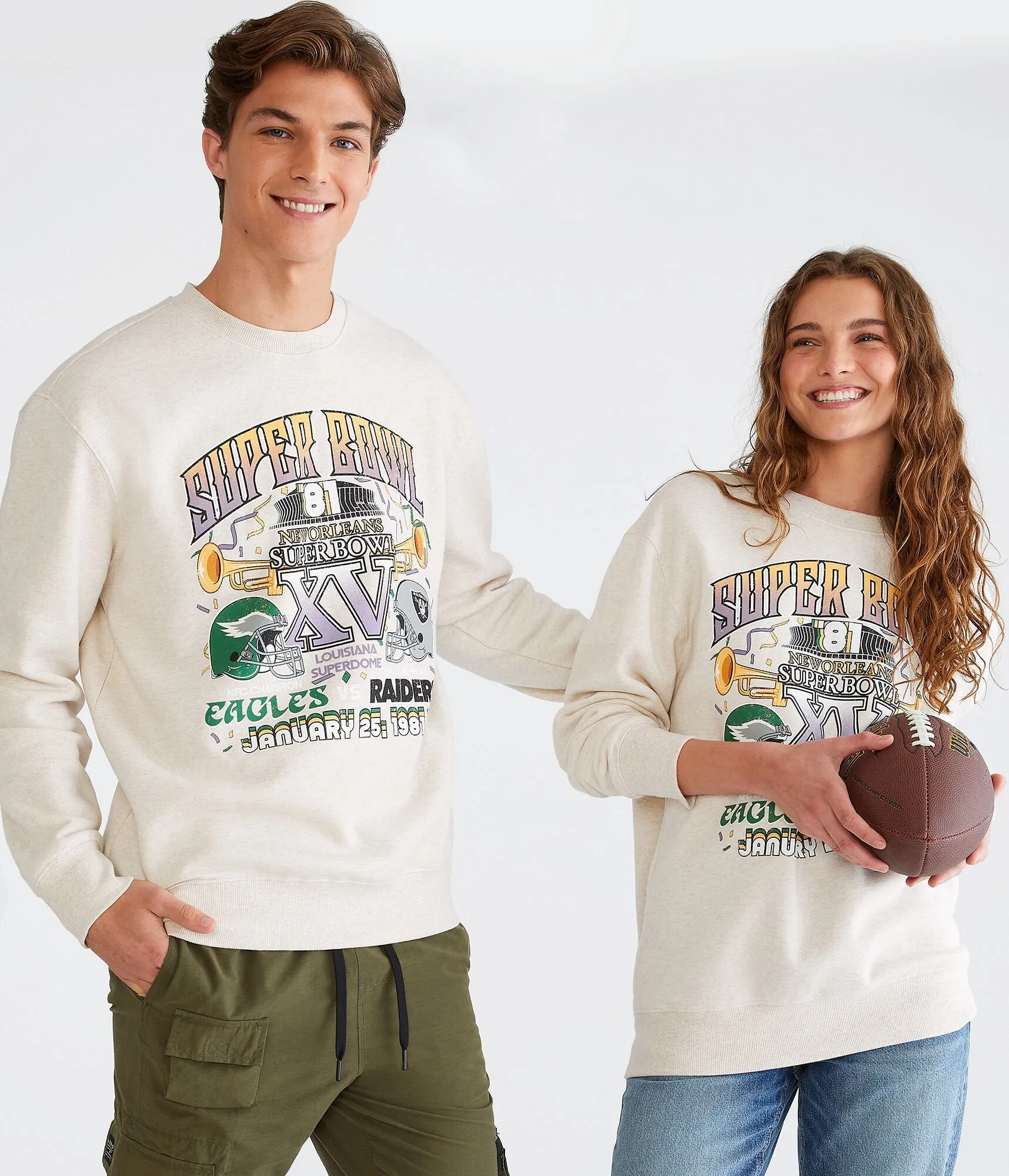 Aeropostale Mens' Super Bowl XV Eagles & Raiders Crew Sweatshirt - Tan - Size XXL - Cotton - Teen Fashion & Clothing Oatmeal Heather Aeropostale