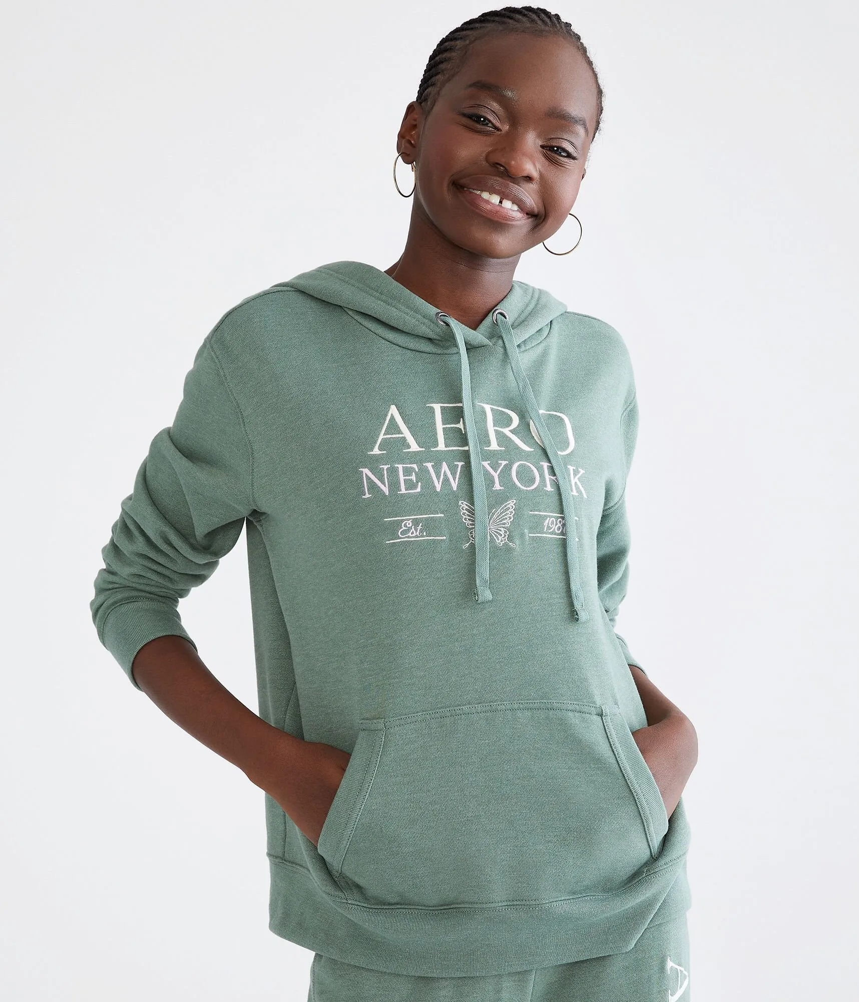 Aeropostale Womens' New York Butterfly Pullover Hoodie - Green - Size S - Cotton - Teen Fashion & Clothing Celery Aeropostale