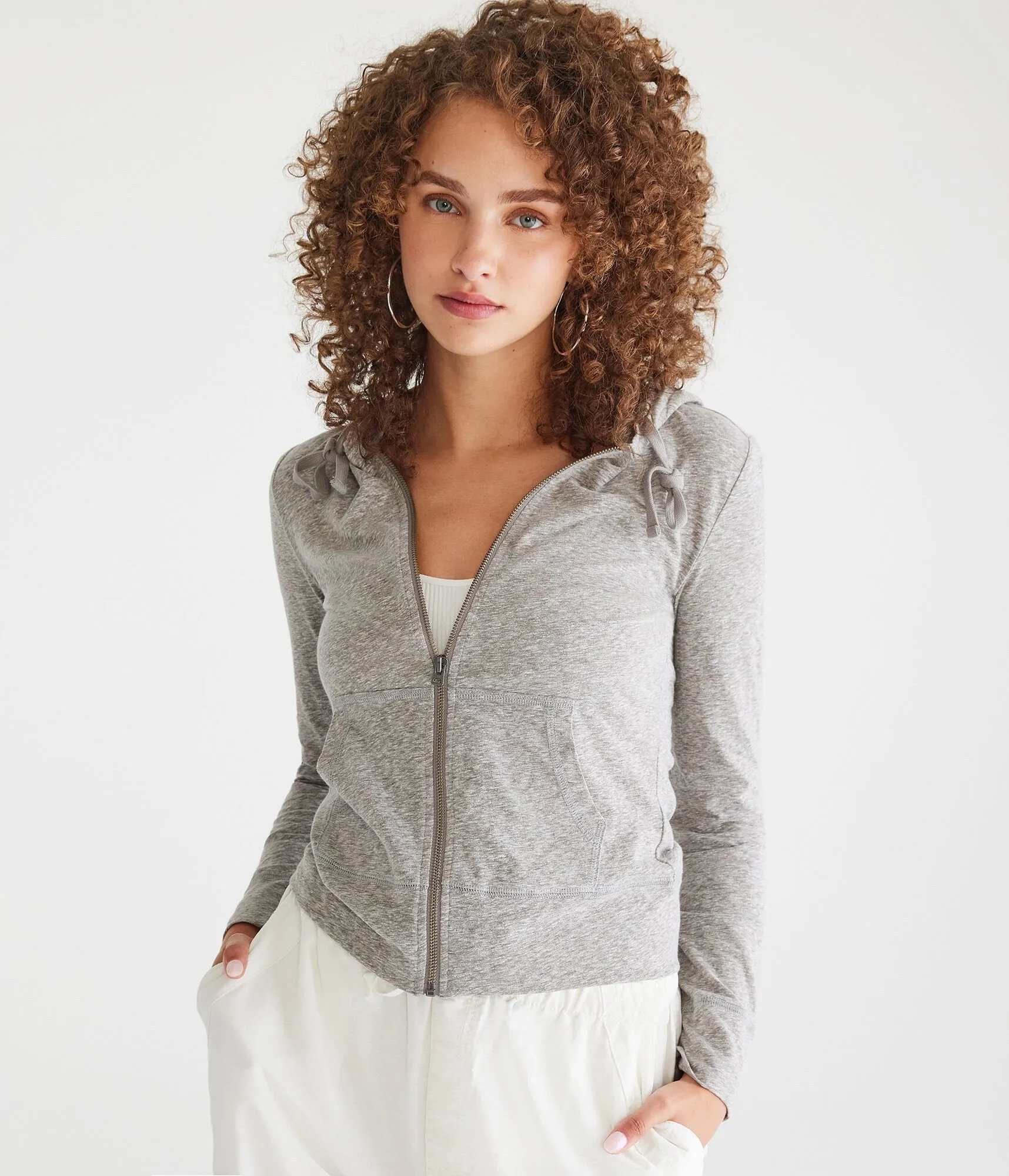 Aeropostale Womens' Solid Lightweight Full-Zip Hoodie - Grey - Size S - Spandex - Teen Fashion & Clothing Med Hthr Grey Aeropostale