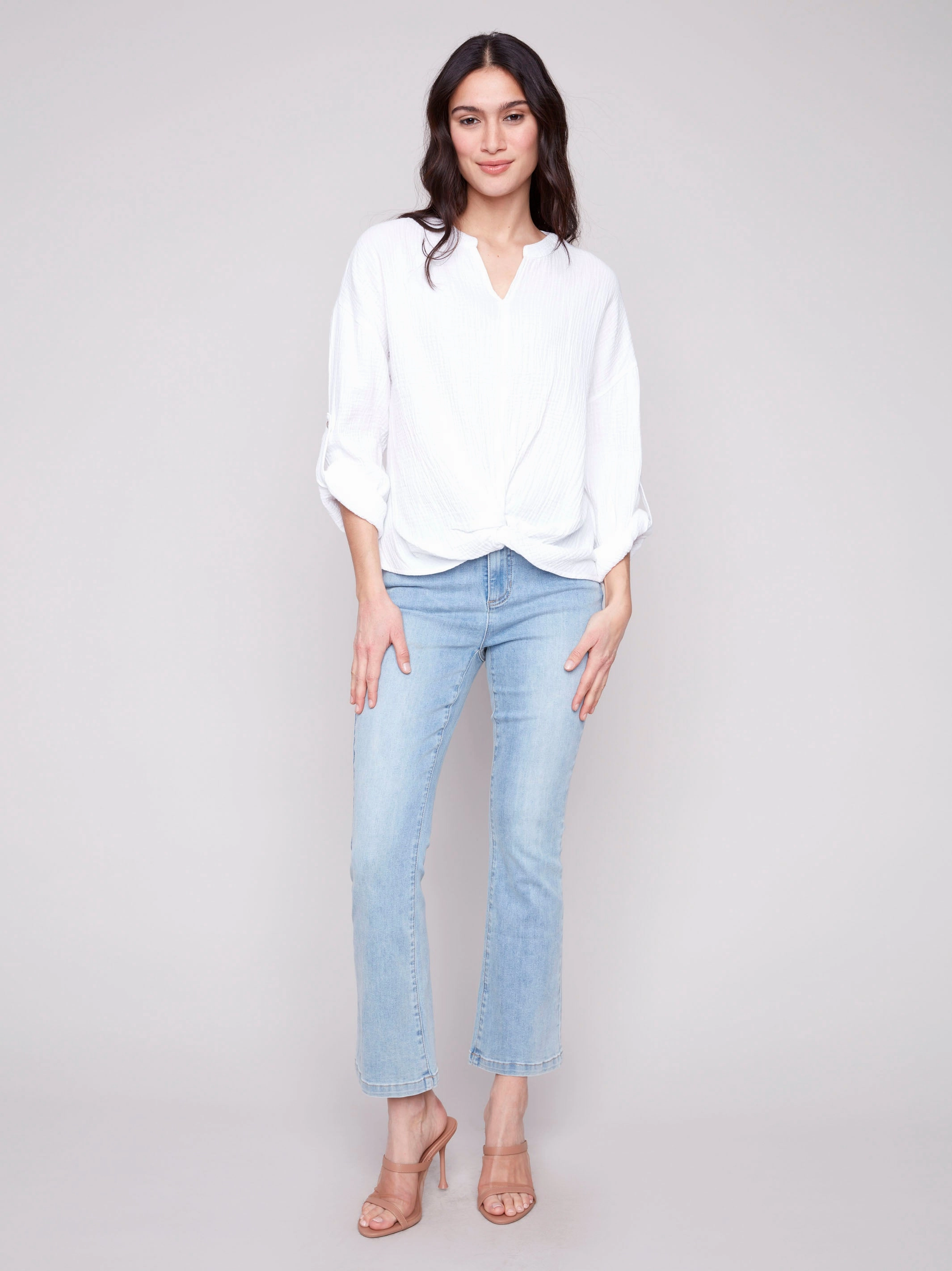 Bubble Cotton Blouse with Front Twist - White