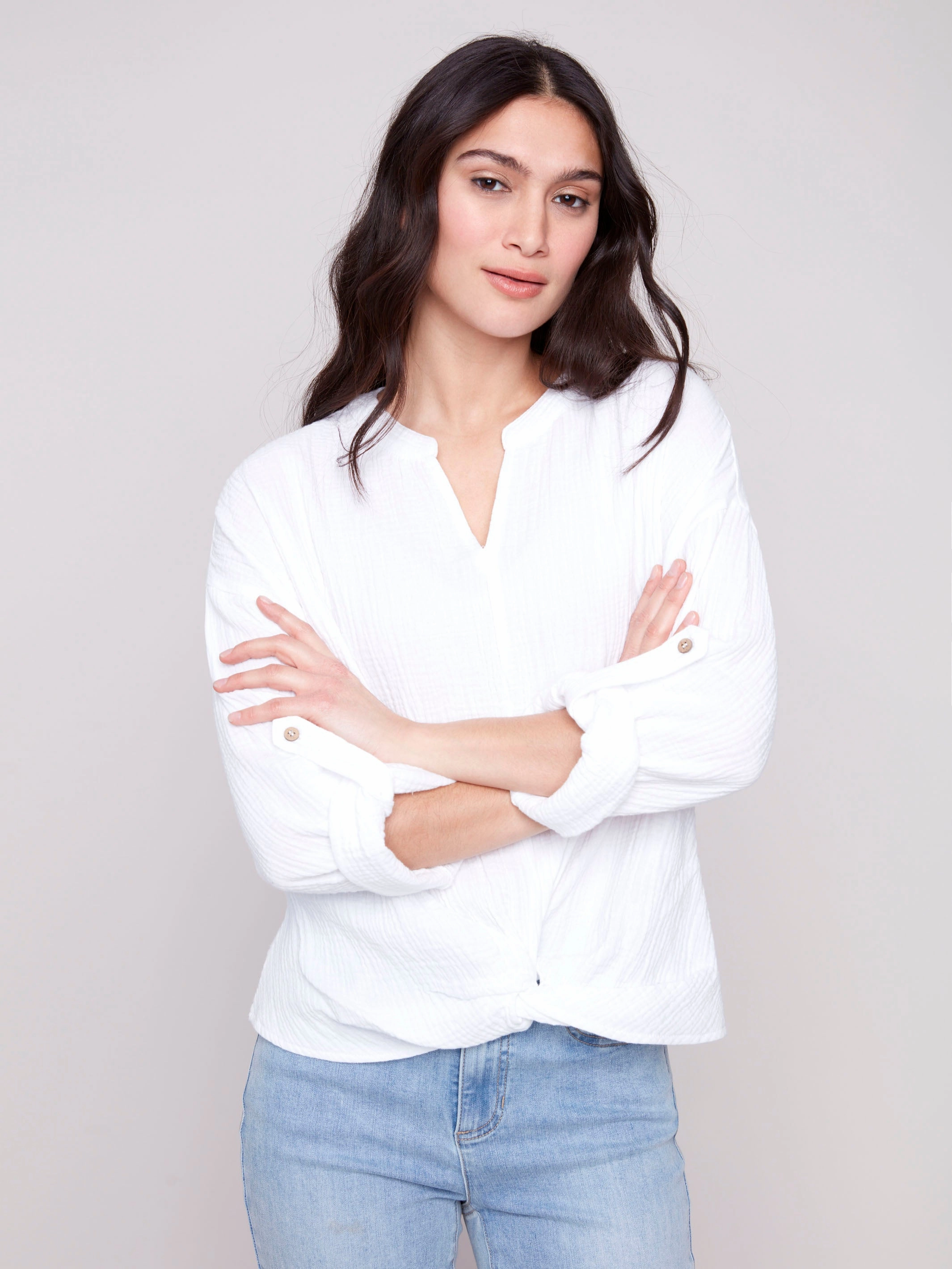 Bubble Cotton Blouse with Front Twist - White
