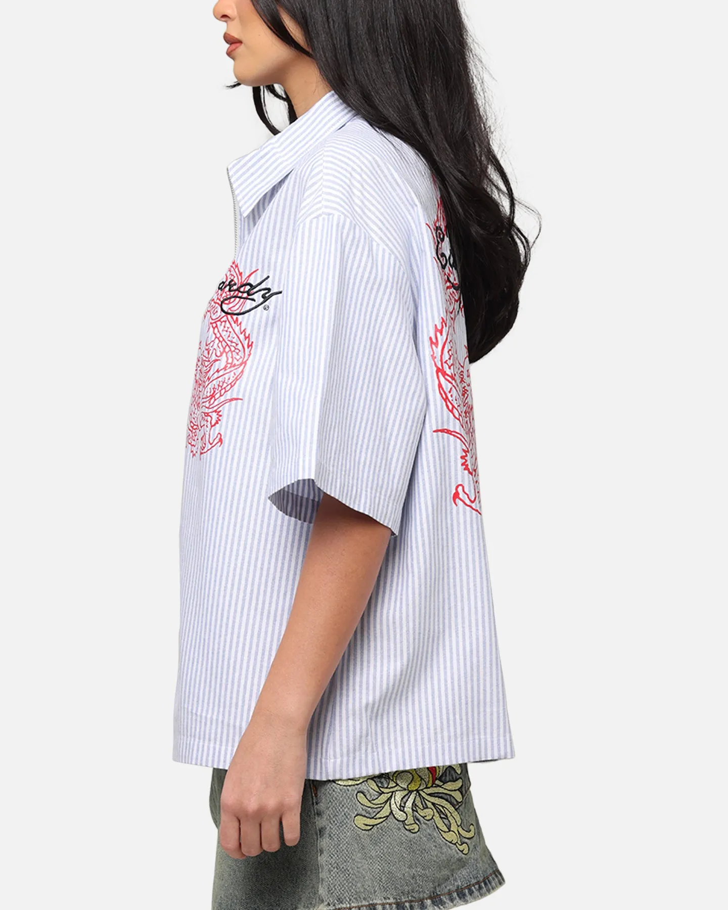 Ed Hardy	Clothing Ed Hardy Dragon Zip Shirt Blue Pin Stripe