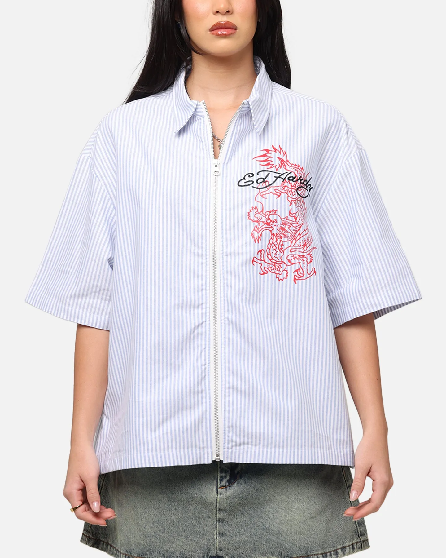 Ed Hardy	Clothing Ed Hardy Dragon Zip Shirt Blue Pin Stripe