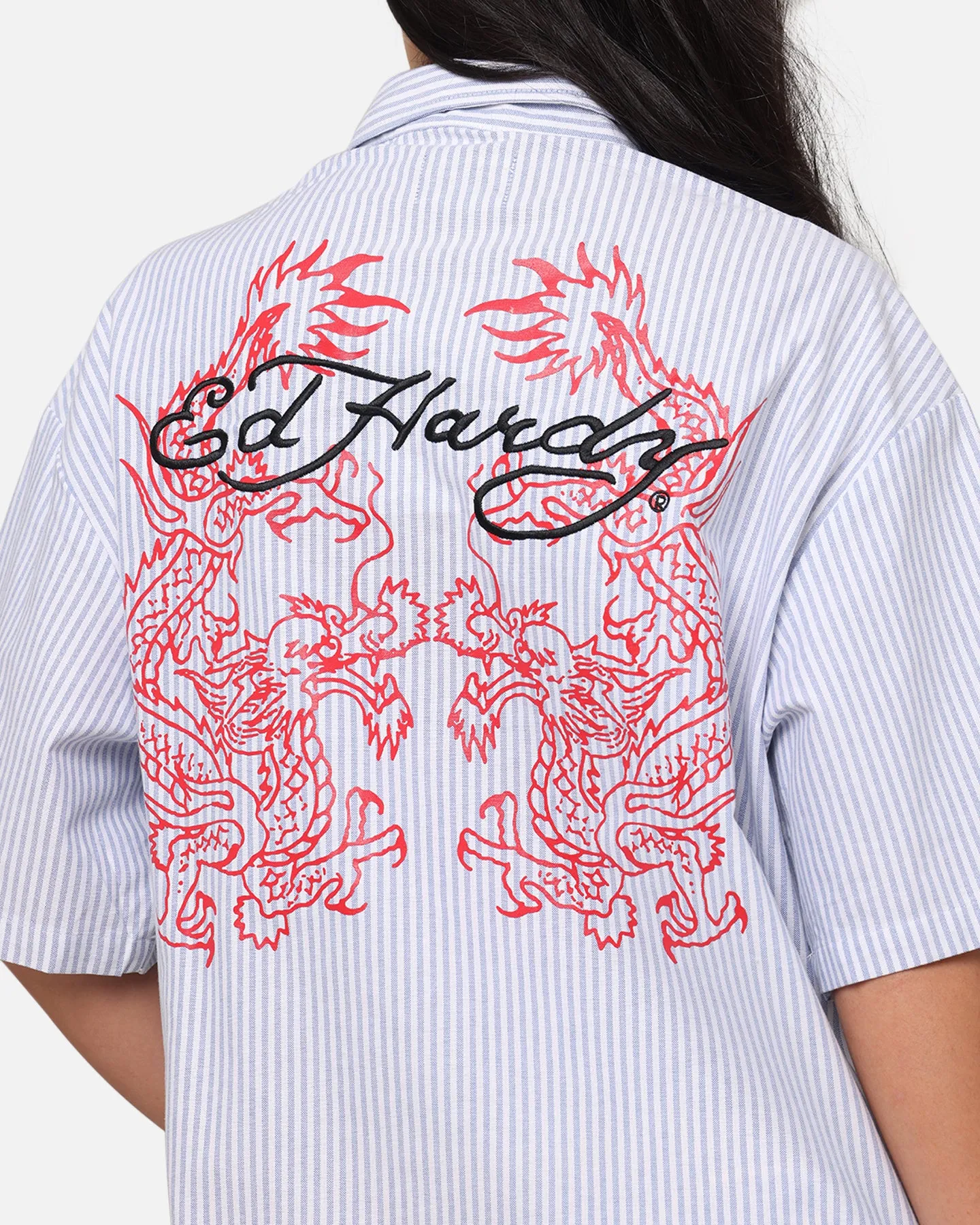 Ed Hardy	Clothing Ed Hardy Dragon Zip Shirt Blue Pin Stripe