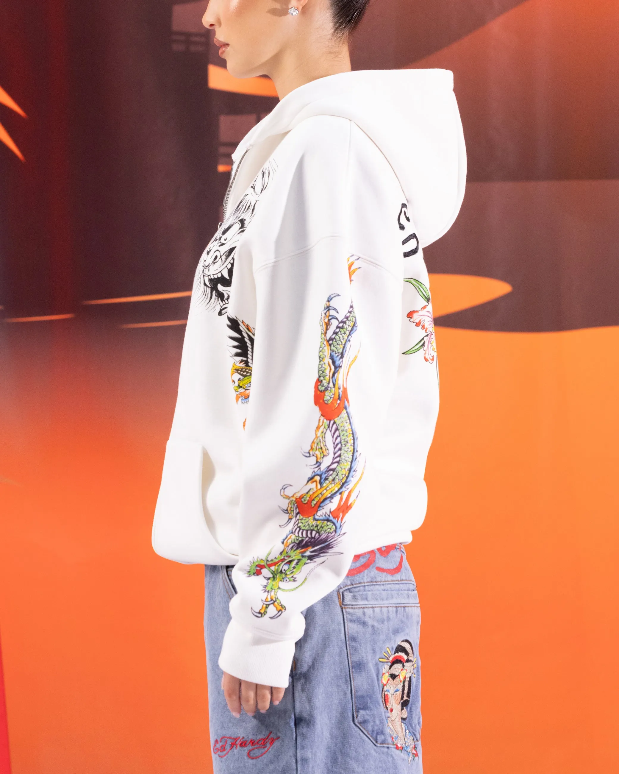 Ed Hardy	Clothing Ed Hardy Floral Zip Hoodie Off White