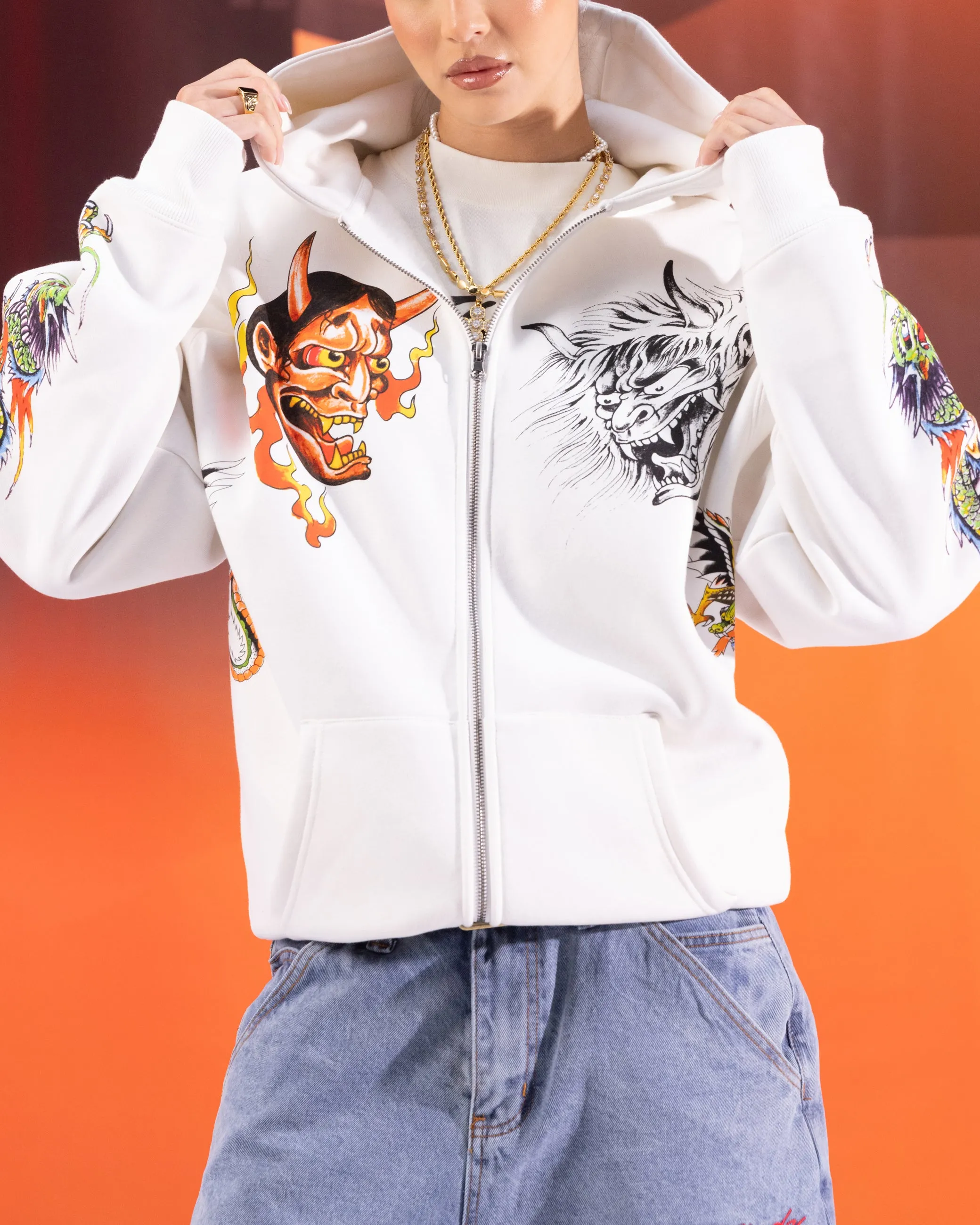 Ed Hardy	Clothing Ed Hardy Floral Zip Hoodie Off White