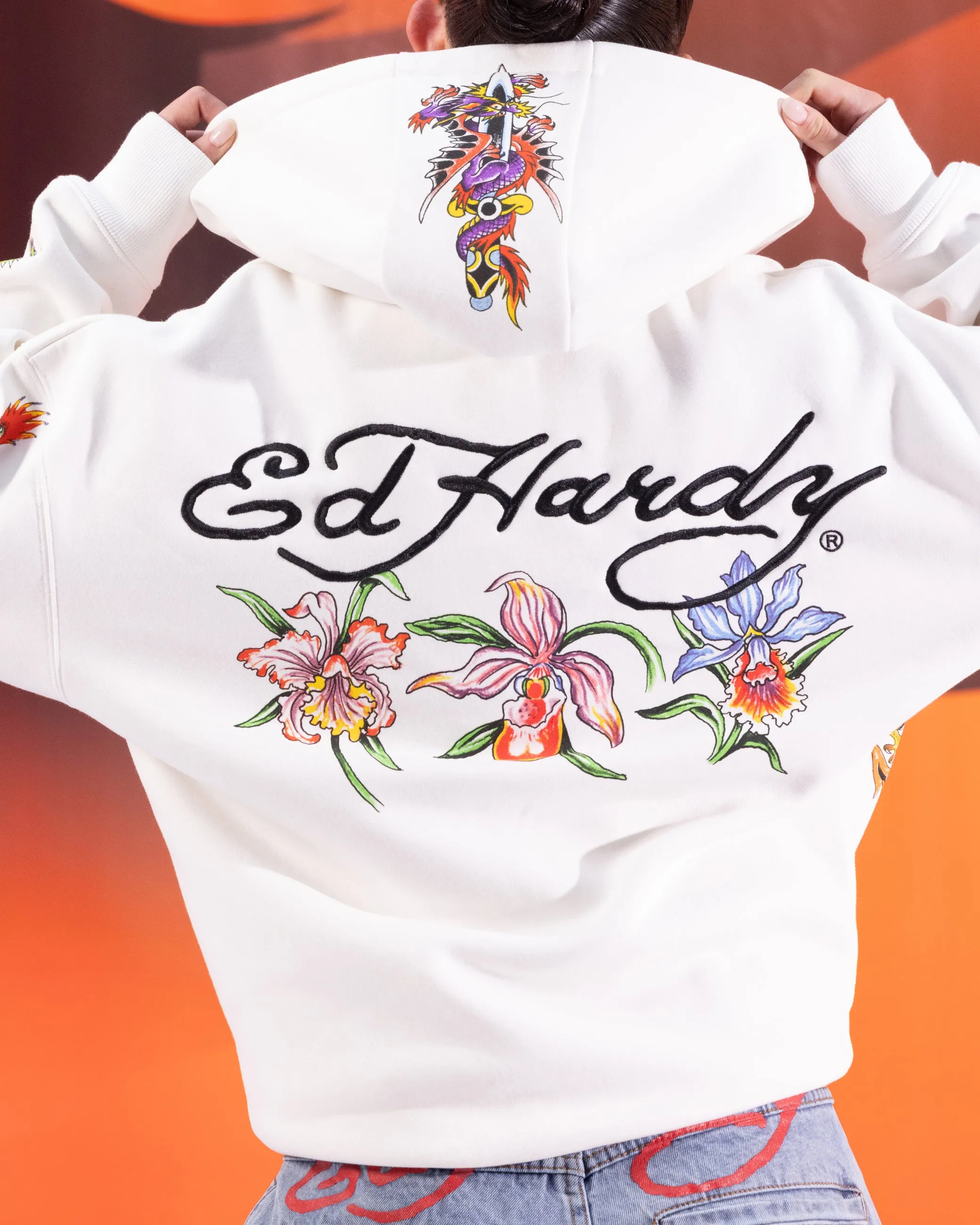 Ed Hardy	Clothing Ed Hardy Floral Zip Hoodie Off White