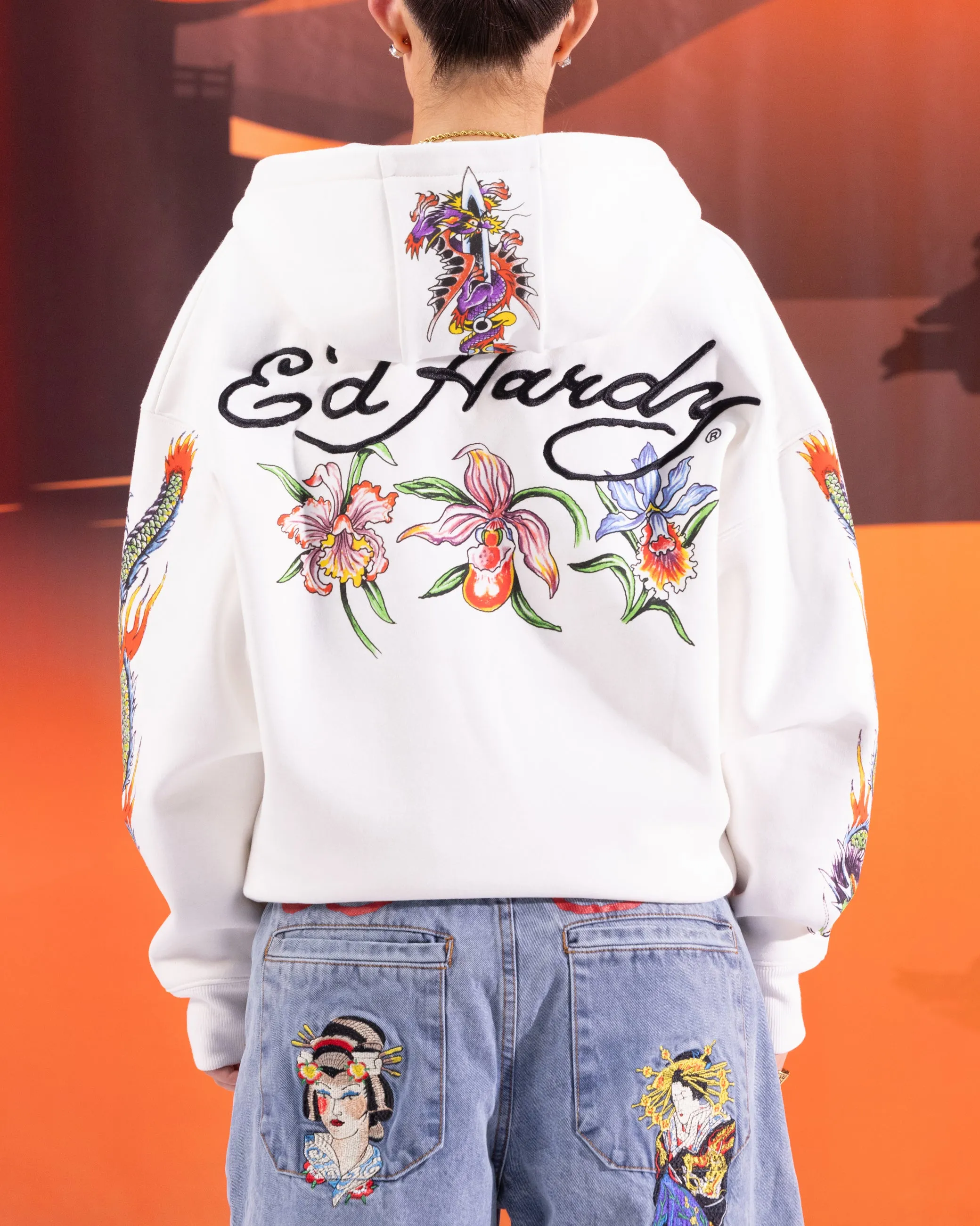 Ed Hardy	Clothing Ed Hardy Floral Zip Hoodie Off White