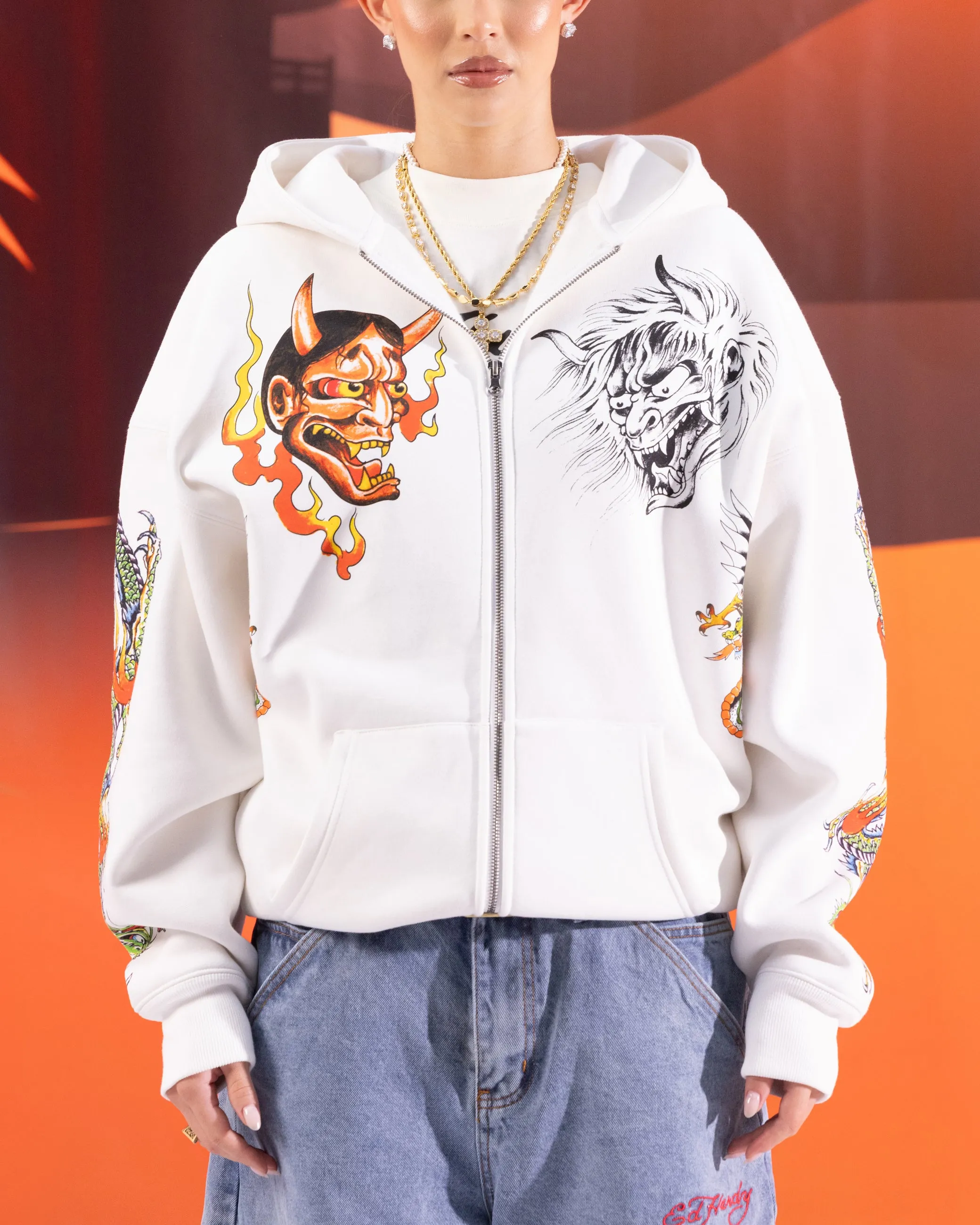 Ed Hardy	Clothing Ed Hardy Floral Zip Hoodie Off White