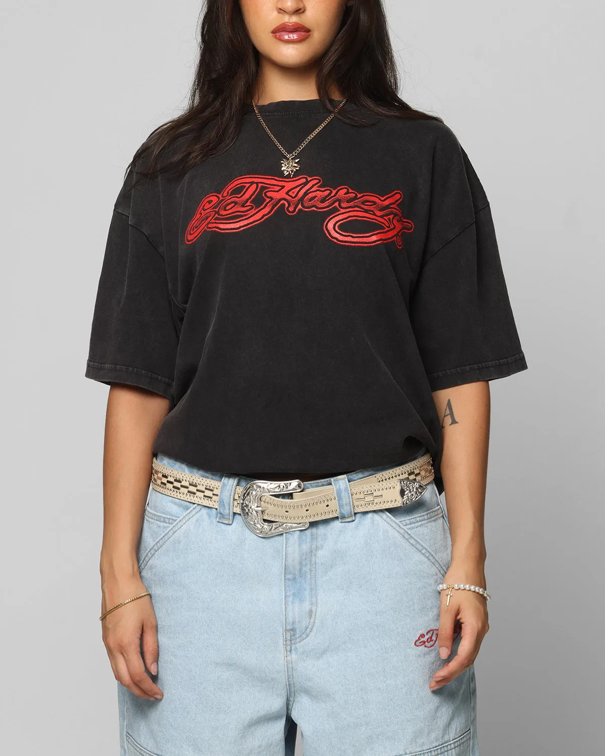 Ed Hardy	Clothing Ed Hardy Tribal T-Shirt Black Acidwash