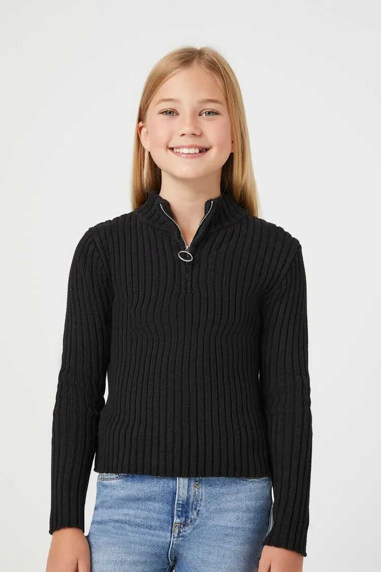 Forever 21 Knit Girls Half-Zip Mock Neck Sweater (Kids) Black Forever 21