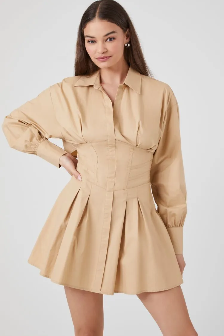 Forever 21 Women's Mini Corset Shirt Dress Taupe Forever 21