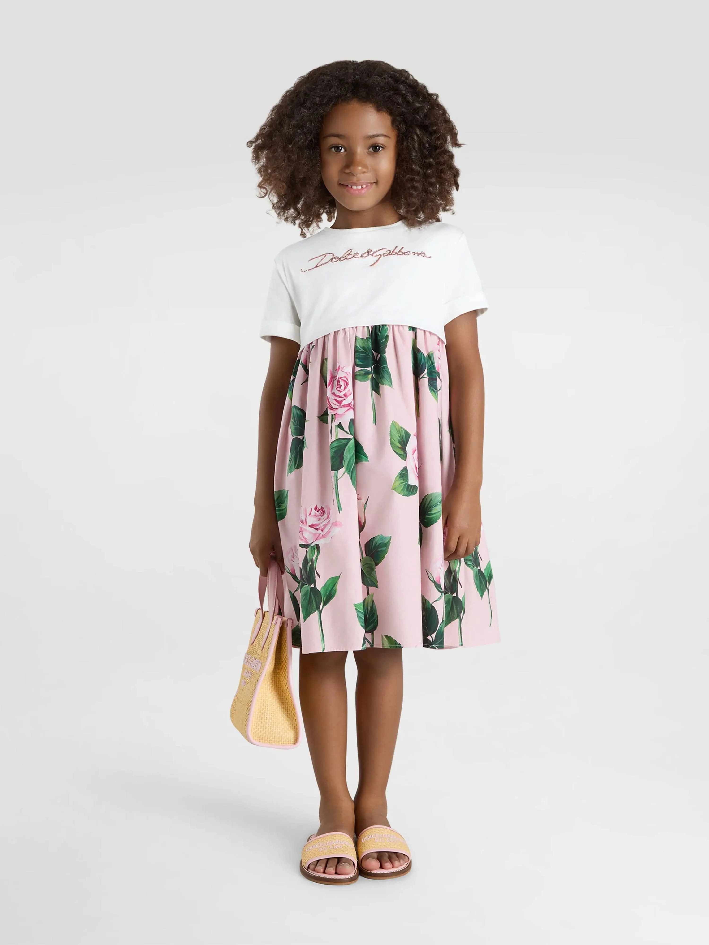 Girls Rose Print Logo Dress in Pink