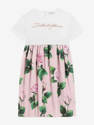 Girls Rose Print Logo Dress in Pink