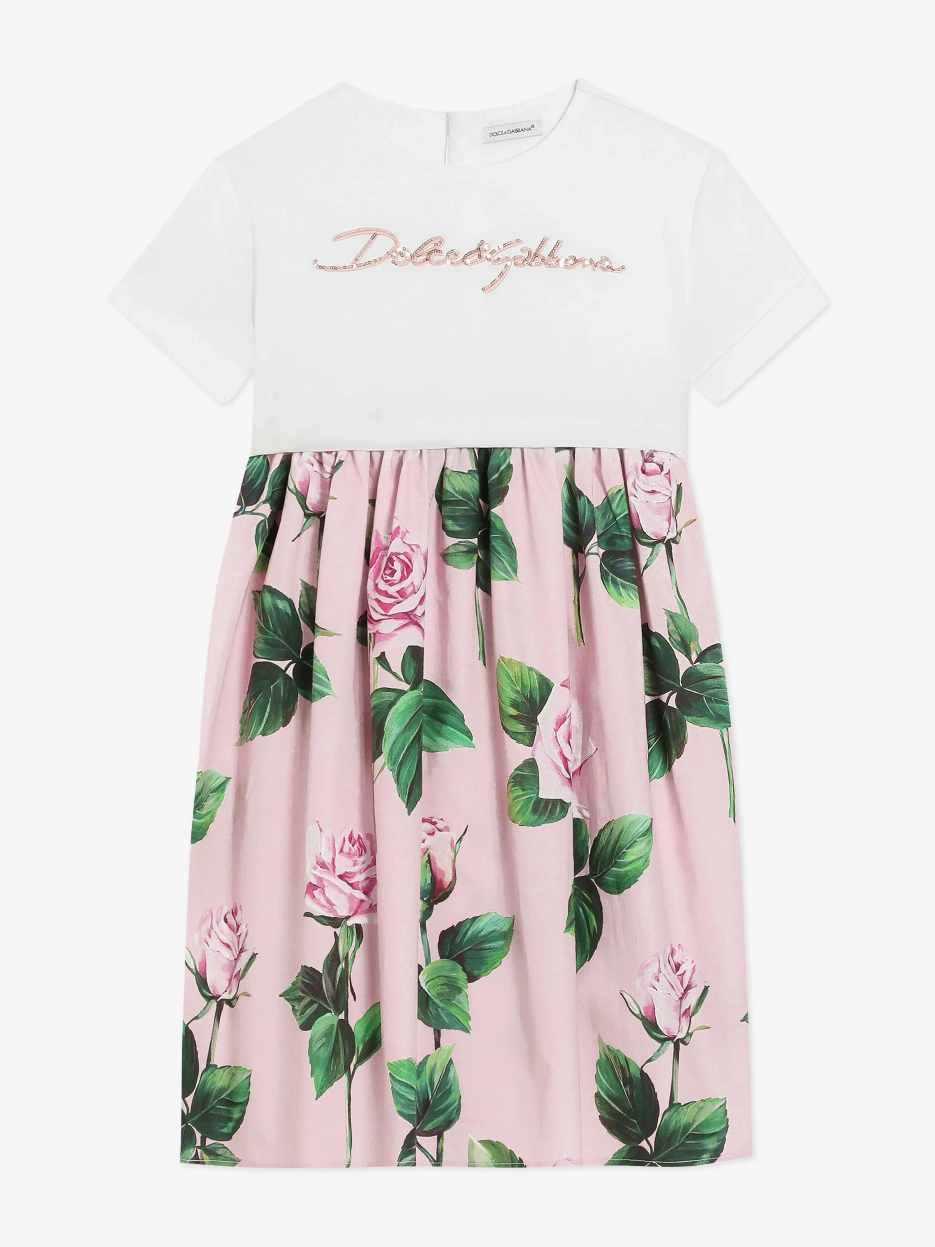 Girls Rose Print Logo Dress in Pink