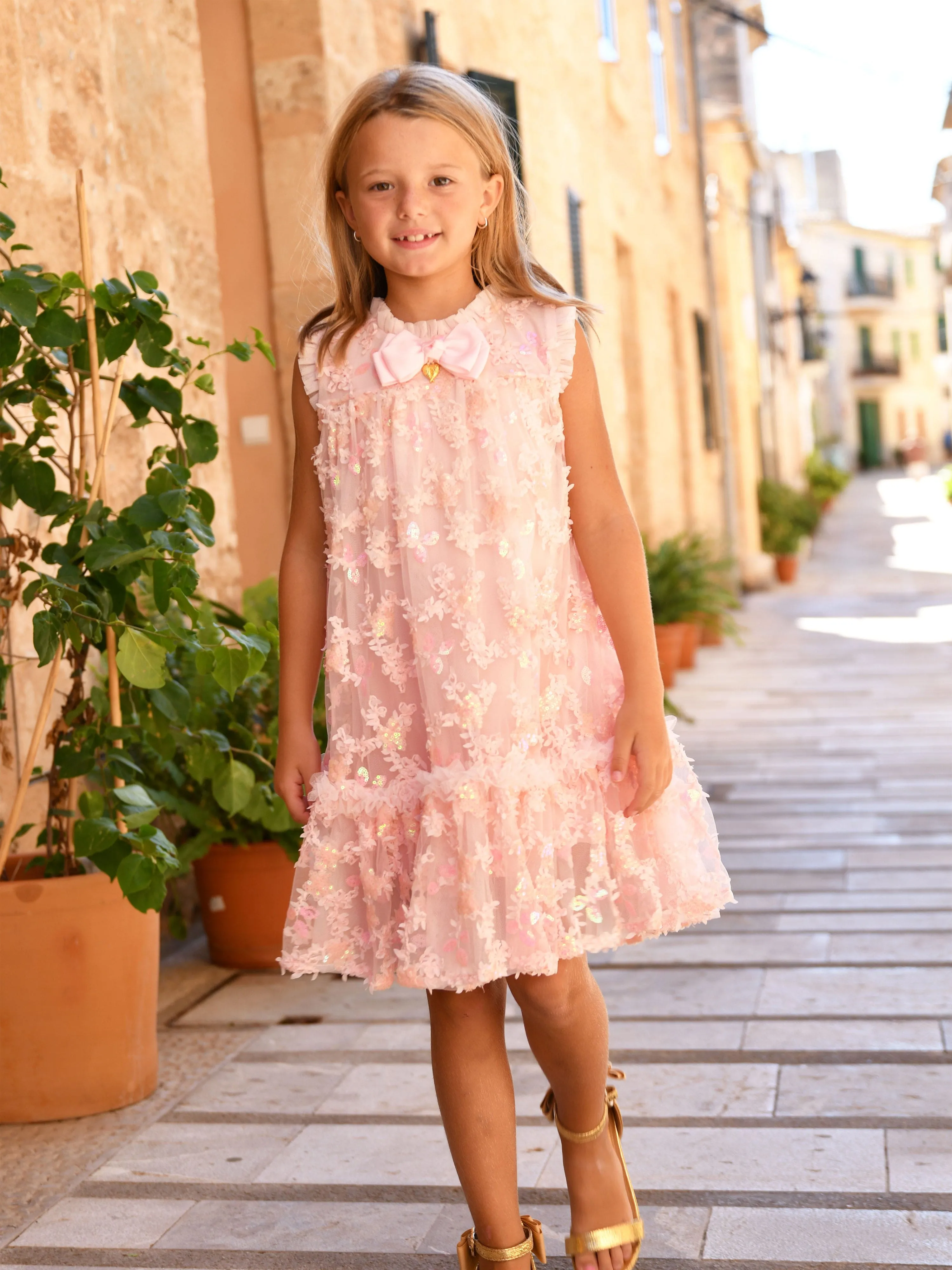 Girls Tilly Sequin Flower Tulle Dress in Pink