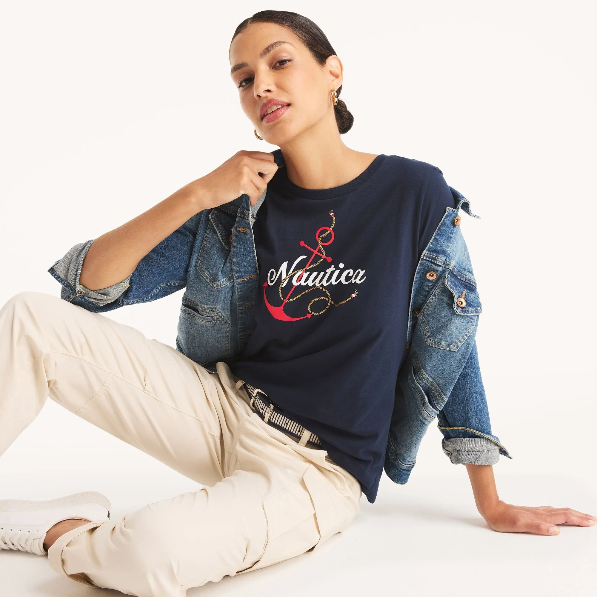 Nautica Womens Glitter Anchor Knot Graphic T-Shirt