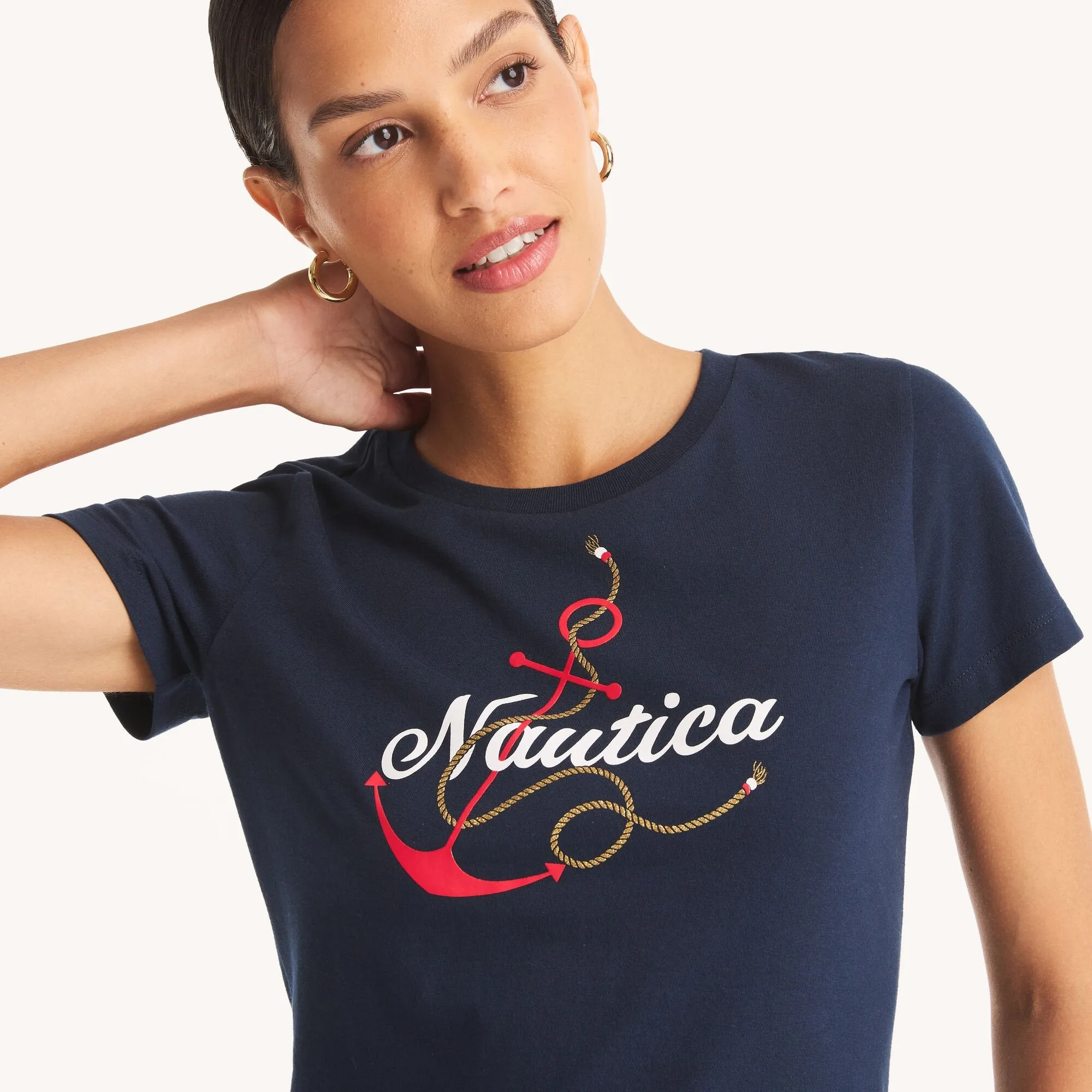 Nautica Womens Glitter Anchor Knot Graphic T-Shirt