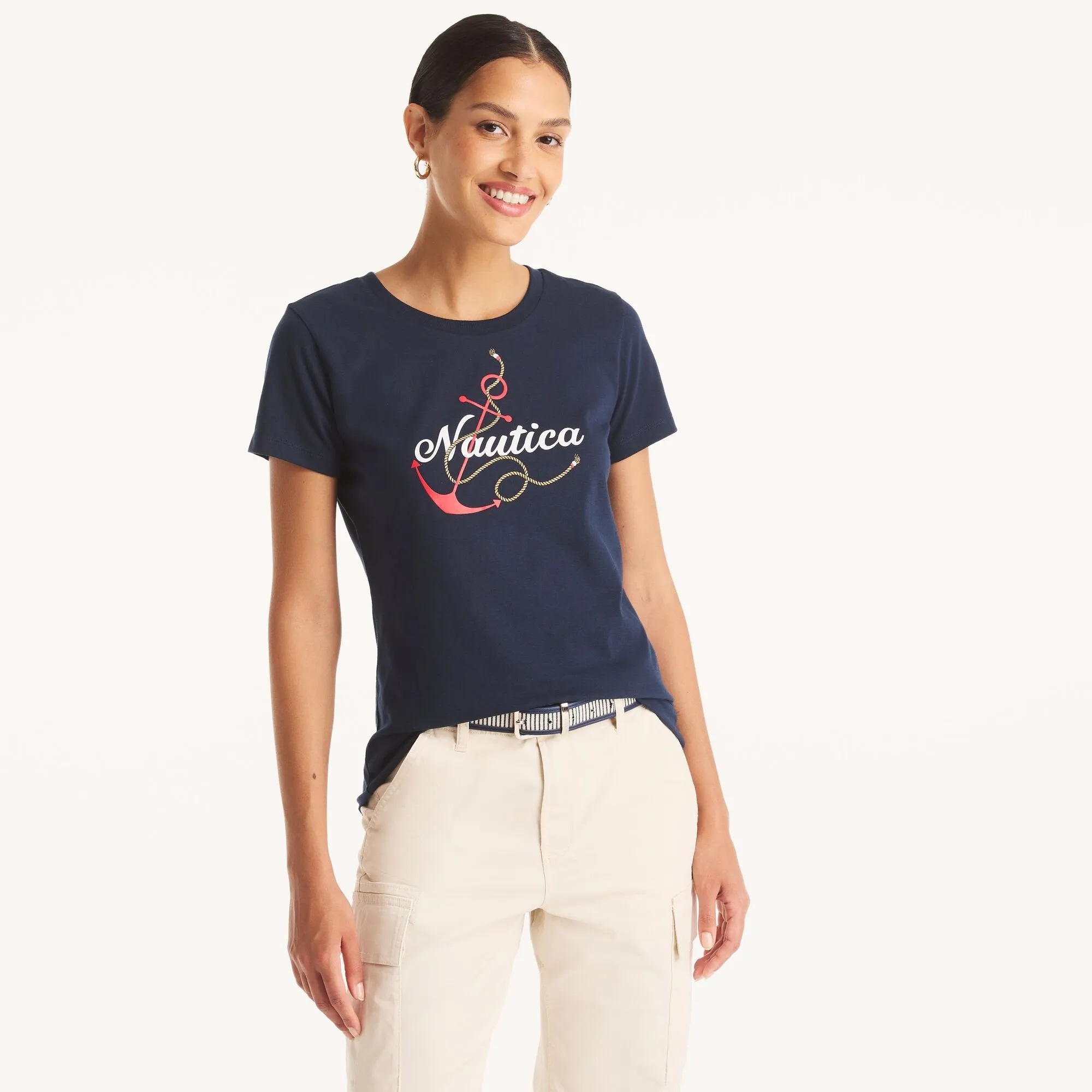 Nautica Womens Glitter Anchor Knot Graphic T-Shirt