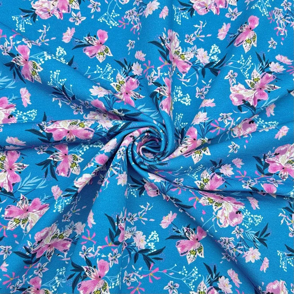 Pink Flowers on Blue French Terry Fabric