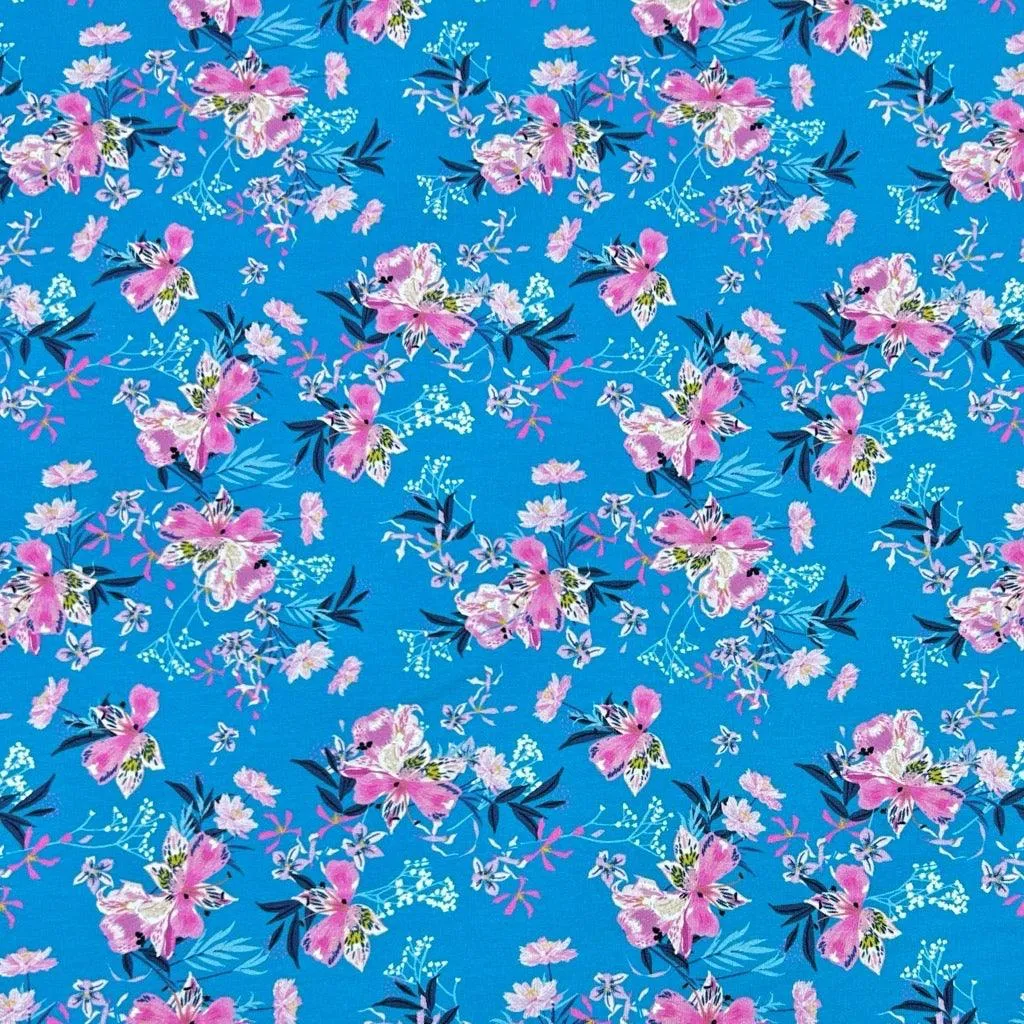 Pink Flowers on Blue French Terry Fabric