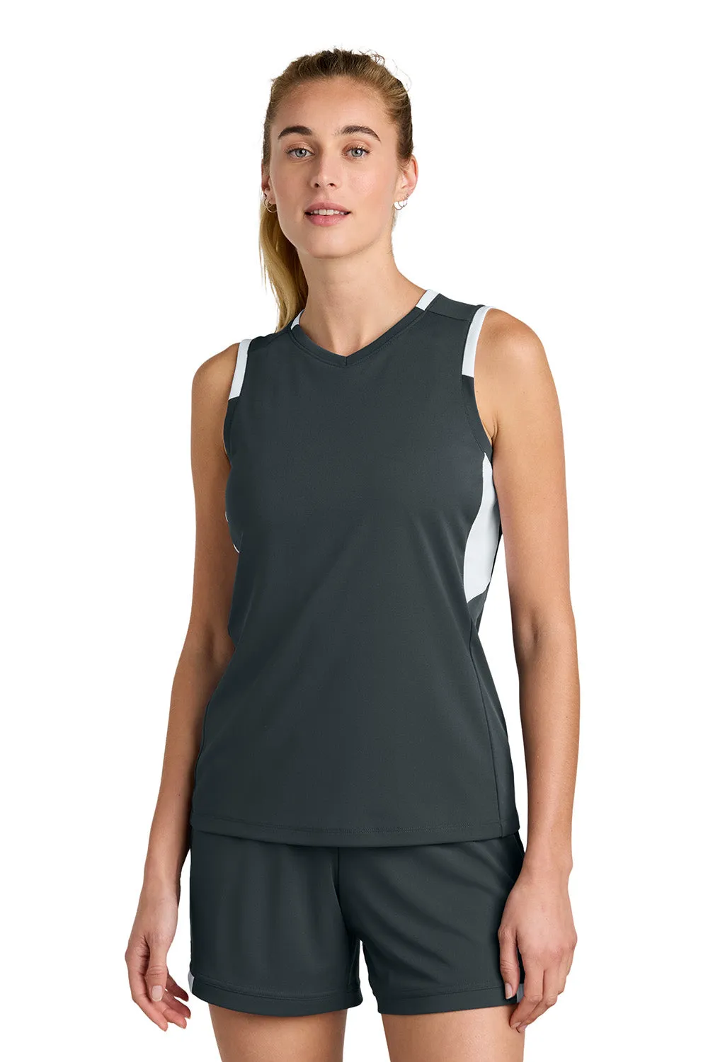 Sport-Tek Womens Club Moisture Wicking V-Neck Tank Top - Iron Grey/White Clothing Sport-Tek