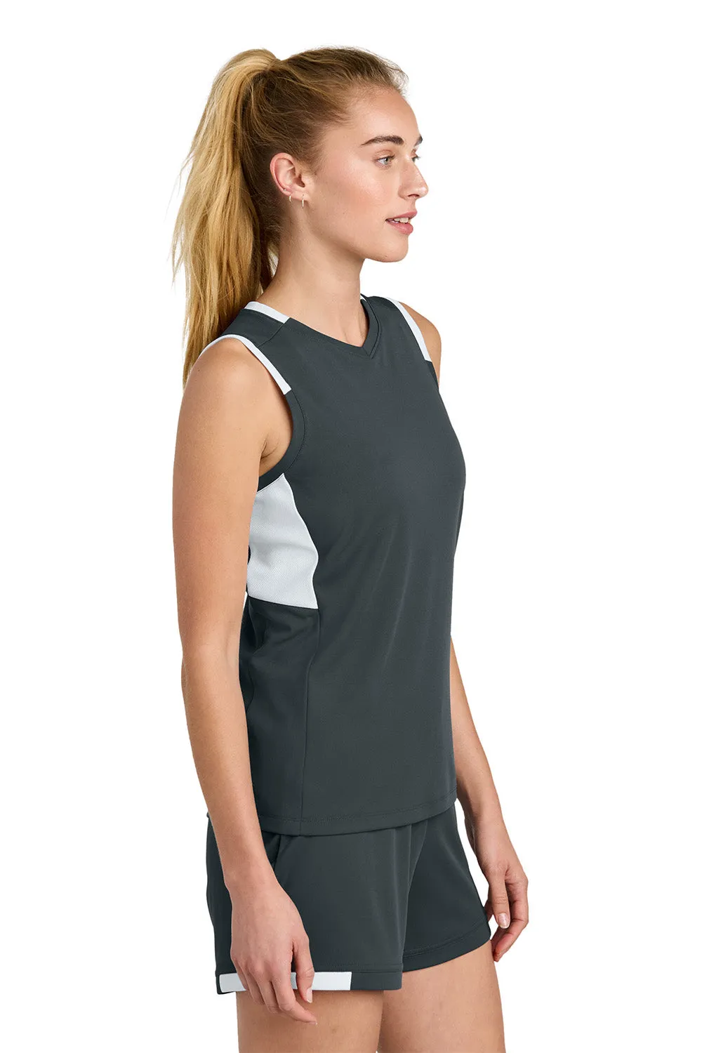 Sport-Tek Womens Club Moisture Wicking V-Neck Tank Top - Iron Grey/White Clothing Sport-Tek
