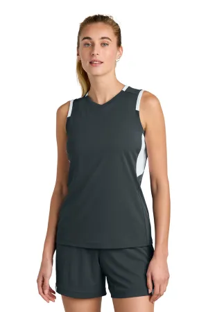Sport-Tek Womens Club Moisture Wicking V-Neck Tank Top - Iron Grey/White Clothing Sport-Tek