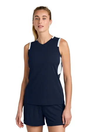 Sport-Tek Womens Club Moisture Wicking V-Neck Tank Top - True Navy Blue/White Clothing Sport-Tek