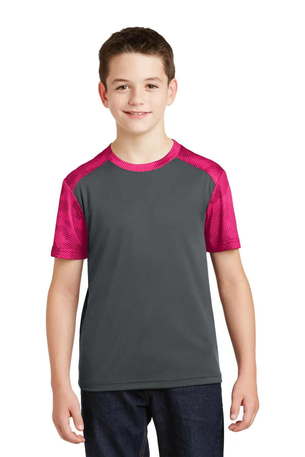 Sport-Tek Youth CamoHex Moisture Wicking Short Sleeve Crewneck T-Shirt - Iron Grey/Raspberry Pink - Closeout