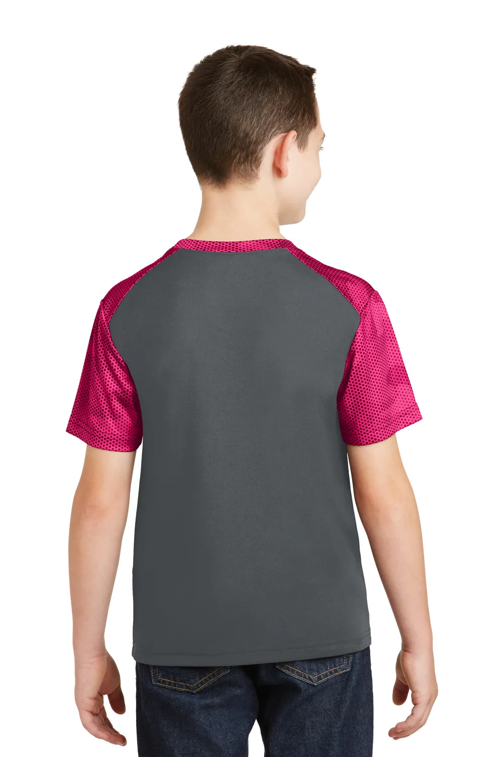 Sport-Tek Youth CamoHex Moisture Wicking Short Sleeve Crewneck T-Shirt - Iron Grey/Raspberry Pink - Closeout