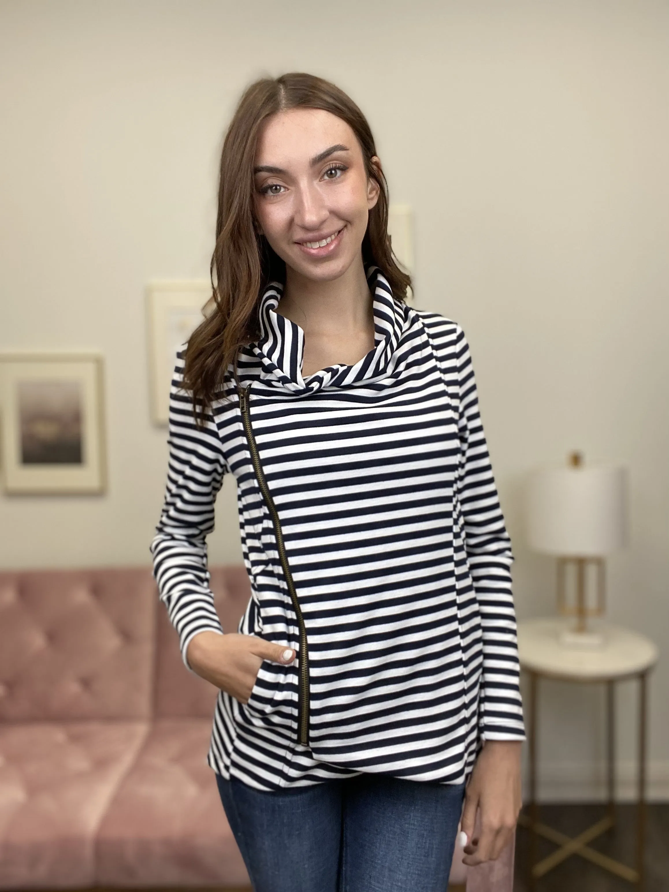 Striped Women's Collared Zipper Jacket *Final Sale*